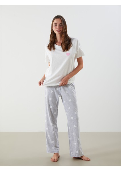 Yeni Sezon Bisiklet Yaka Kalp Baskılı Kadın Pijama Takımı