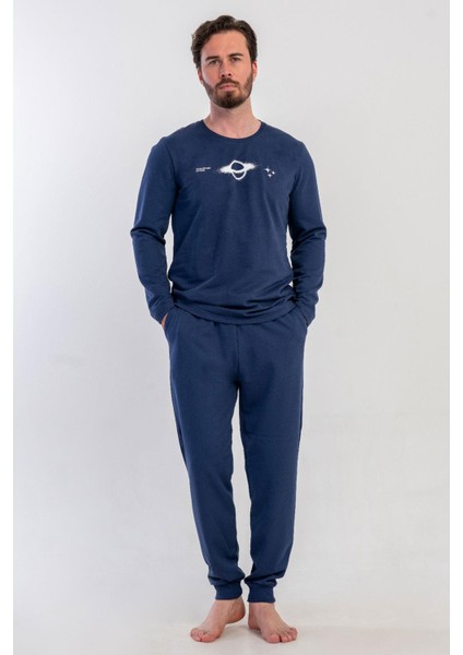 Erkek Lacivert Uzun Kollu Bisiklet Yaka Lastikli Paça 2 Iplik Pijama Takımı C1T2N3305