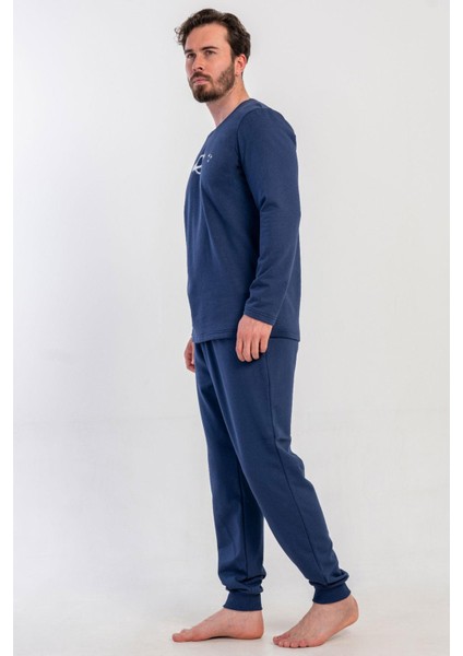 Erkek Lacivert Uzun Kollu Bisiklet Yaka Lastikli Paça 2 Iplik Pijama Takımı C1T2N3305 modelleri
