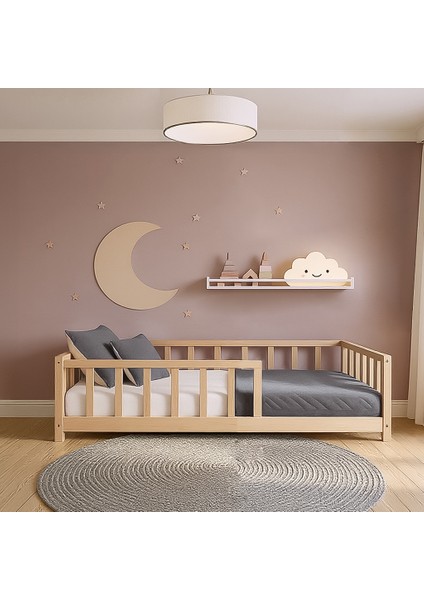KFB610 Doğal Ahşap Montessori Çocuk Karyolası – 80X160 cm Yer Yatağı, Kenar Korumalı, Masif Çam
