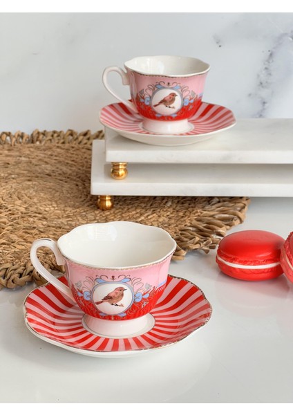 Türk Kahve Fincanı Bird Red Pink 2 Kişilik 4 Parça