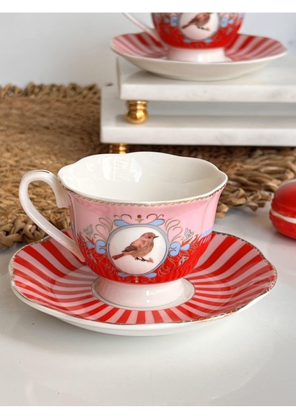 Türk Kahve Fincanı Bird Red Pink 2 Kişilik 4 Parça fiyatları