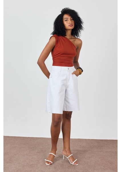Beyaz Yüksek Bel Denim Bermuda