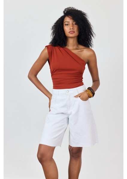 Beyaz Yüksek Bel Denim Bermuda fiyatları
