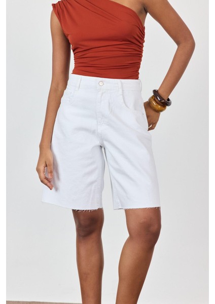 Beyaz Yüksek Bel Denim Bermuda modelleri