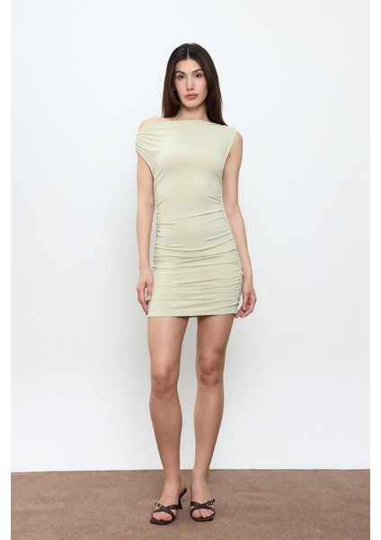 Yeşil Büzgülü Mini Elbise