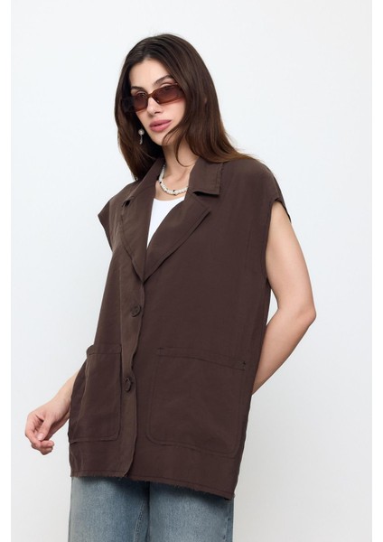 Kahverengi Oversize Dikiş Detaylı Yelek