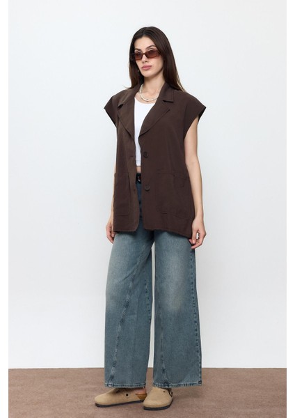 Kahverengi Oversize Dikiş Detaylı Yelek modelleri