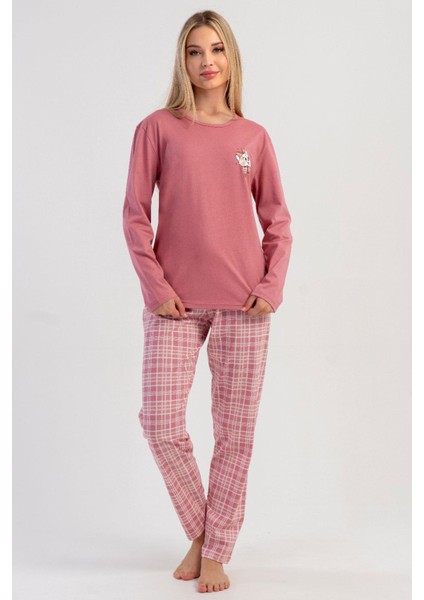 Kadın Pembe Uzun Kollu Bisiklet Yaka Ekose Alt Interlok Pijama Takımı C2T5N3305