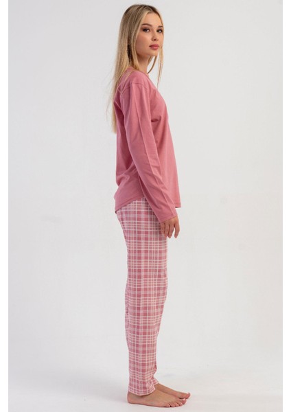 Kadın Pembe Uzun Kollu Bisiklet Yaka Ekose Alt Interlok Pijama Takımı C2T5N3305 fiyatları