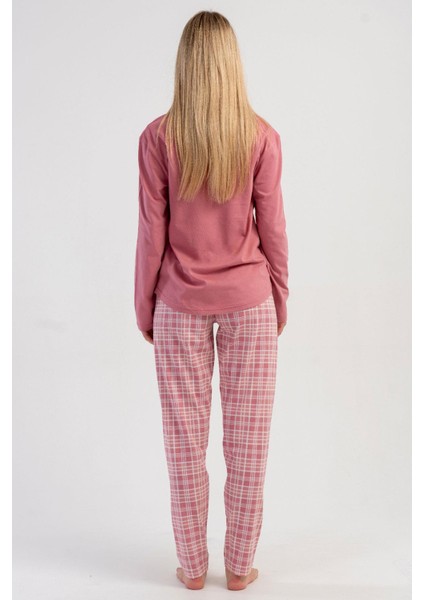 Kadın Pembe Uzun Kollu Bisiklet Yaka Ekose Alt Interlok Pijama Takımı C2T5N3305 fırsatları