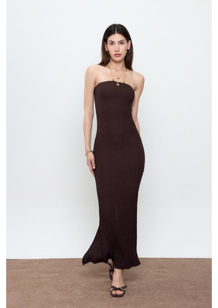 Kahverengi Straplez Bürümcük Maxi Elbise
