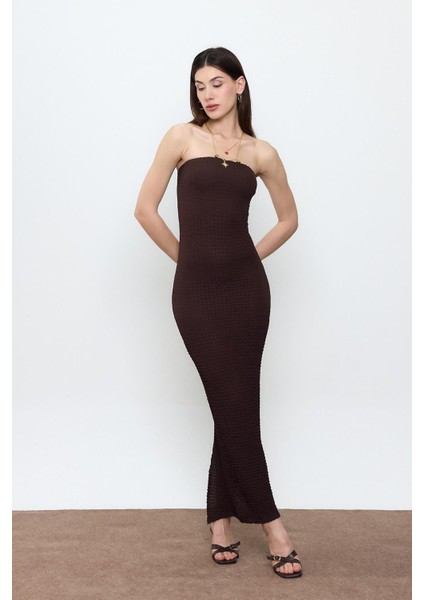 Kahverengi Straplez Bürümcük Maxi Elbise fiyatları