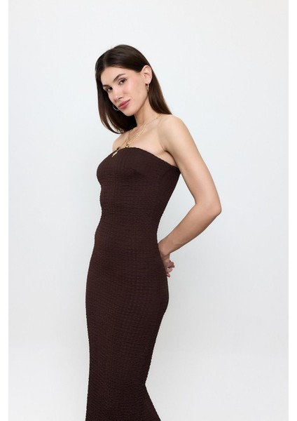 Kahverengi Straplez Bürümcük Maxi Elbise modelleri