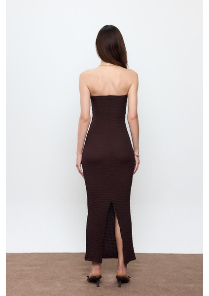 Kahverengi Straplez Bürümcük Maxi Elbise fırsatları