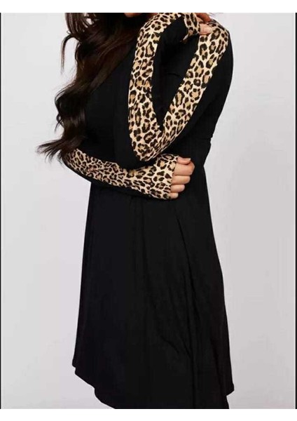Kadın Uzun Kollu Bisiklet Yaka Kollar Leopar Şeritli Salaş Iki Iplik Elbise indirimleri