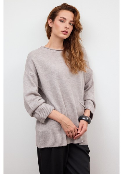 Vizon Cep Detaylı Oversize Triko Kazak