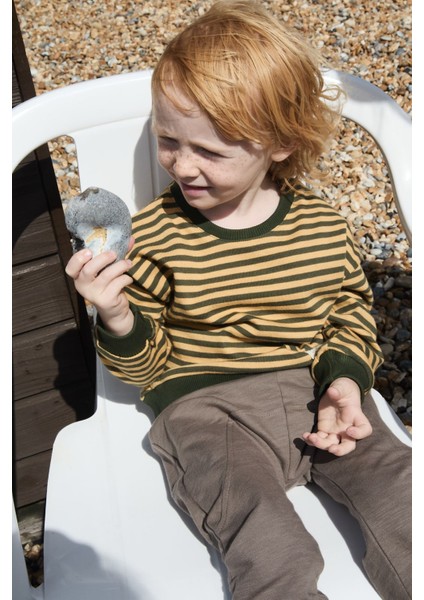 Çizgili Triko Sweatshirt 0-4 Yaş Hardal Haki