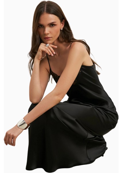 Satin Lace Detail Camisole Maxi Dress Kadın Elbise