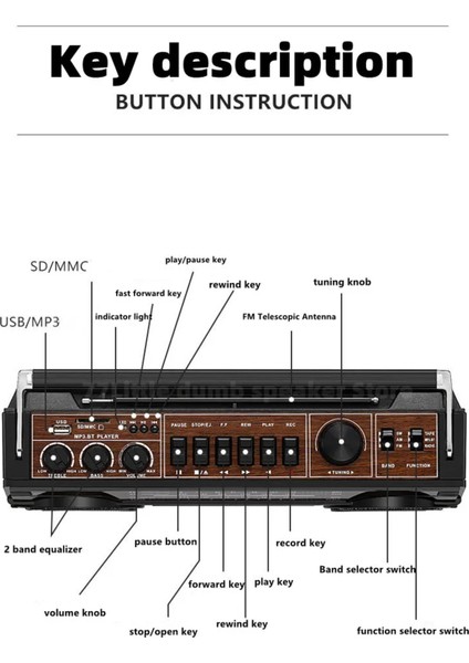 PX149BT Müzik Seti Fm Radyo USB Mp3 Player Kablosuz Hoparlör Bluetooth Retro Teyp Kaset Çalar