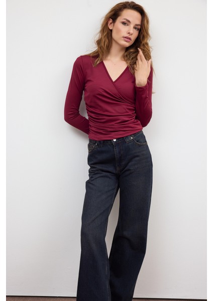 Bordo Beli Büzgü Detaylı Bluz