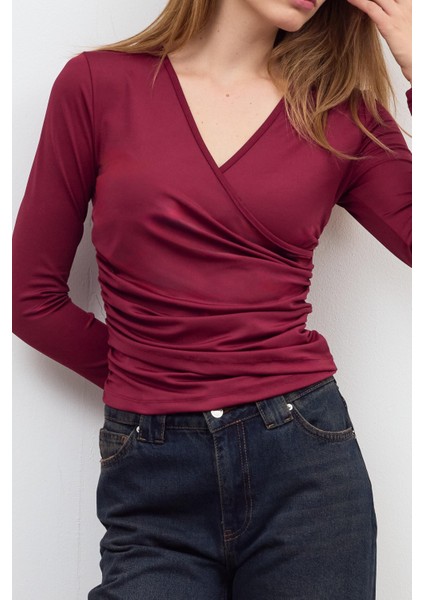 Bordo Beli Büzgü Detaylı Bluz modelleri
