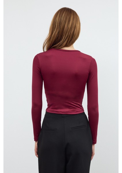 Bordo Beli Büzgü Detaylı Bluz fırsatları