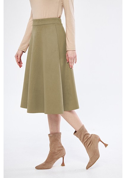 Midi Boy Süet Kiloş Etek Vizon