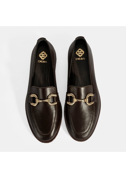 Kadın Kahve Metal Toka Aksesuarlı Deri Loafer