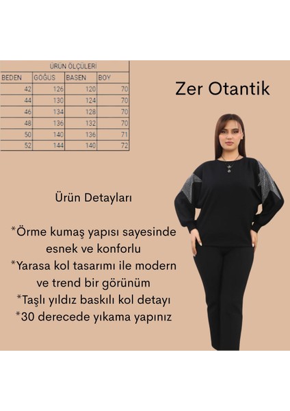 Taşlı Yıldız Baskılı Modal Kumaş Büyük Beden Bluz Siyah