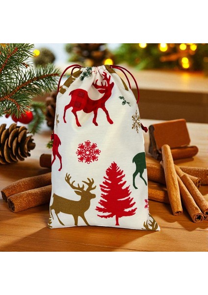 Hediye Paketi 20X30CM Yılbaşı Geyik Desenli Hediye Kesesi Kumaş
