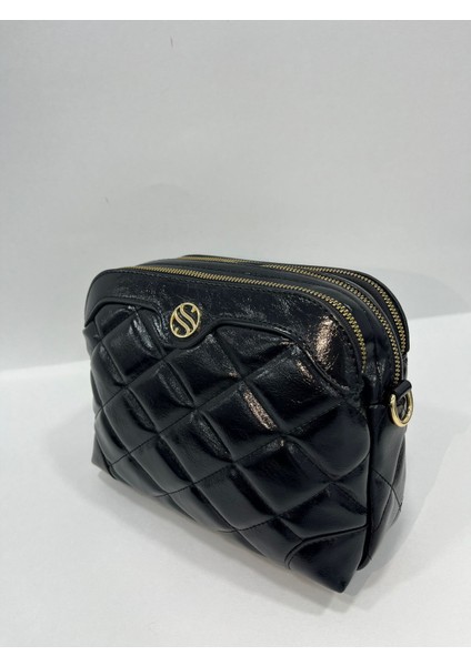 Kadın Ayarlanabilir Çapraz Askılı 4 Bölmelİ Siyah Parlak Omuz ve Çapraz Çanta S-1267