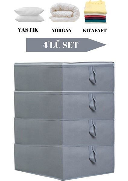 4'lü Set Antrasit Çekyat & Baza Tipi Yastık Yorgan Saklama Hurcu-Baza Altı Düzenleyici 65X45X22 cm