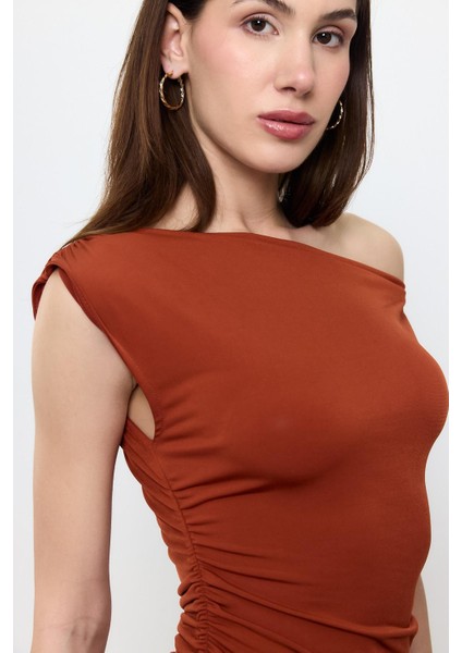 Kahverengi Büzgülü Mini Elbise modelleri