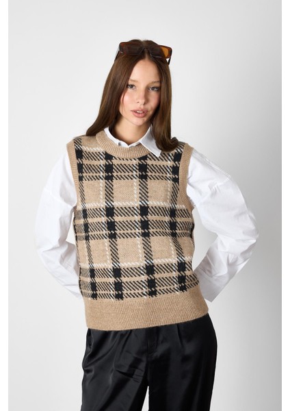 Camel Ekoseli Bisiklet Yaka Yelek