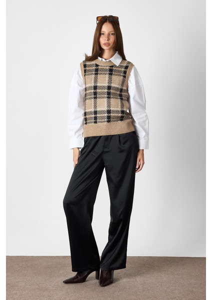 Camel Ekoseli Bisiklet Yaka Yelek modelleri