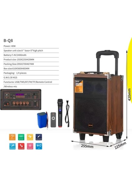 Baab B-Q8 Taşınabilir Ahşap Şarjlı Bluetooth Hoparlör Rms 8 Inc Müzik Çalar Ses Sistemi 40 Watt fiyatları