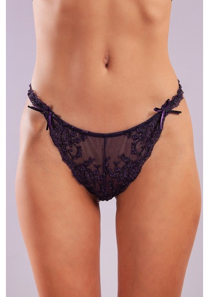Giselle Mini String, Kadın Güpürlü Saten Mor String Külot