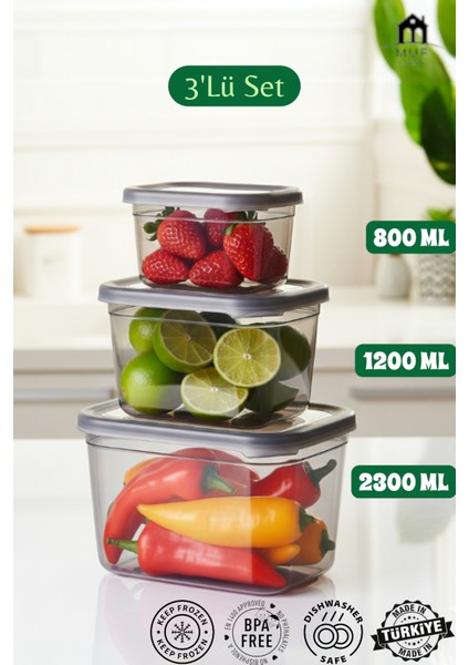 Ekstra Hacimli Saklama Kabı Seti 3 Boy Derin Saklama KABI-(800 ML+1300 ML+2300 Ml)- Bpa Free