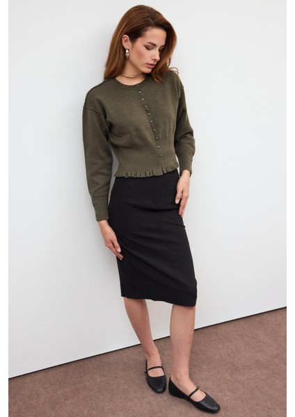 Haki Düğme Detaylı Triko Kazak modelleri