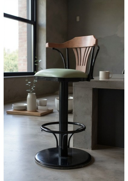 T168/75 Dönerli Bar Sandalyesi – Yeşil Deri Oturum, Inegöl Ceviz Sırt 75 cm Yükseklik