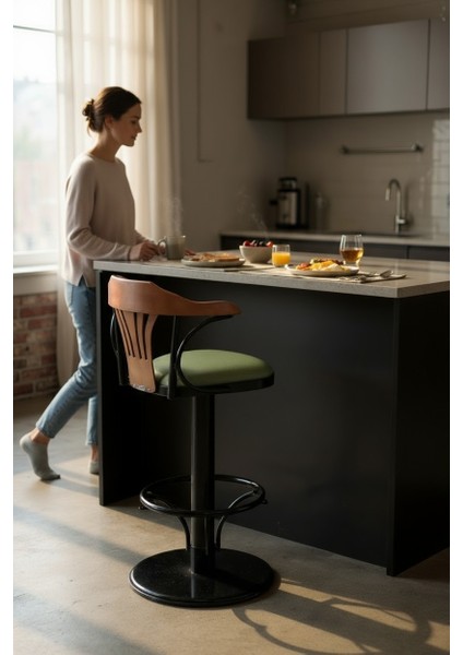 T168/75 Dönerli Bar Sandalyesi – Yeşil Deri Oturum, Inegöl Ceviz Sırt 75 cm Yükseklik fırsatları