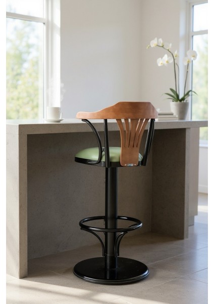 T168/75 Dönerli Bar Sandalyesi – Yeşil Deri Oturum, Inegöl Ceviz Sırt 75 cm Yükseklik