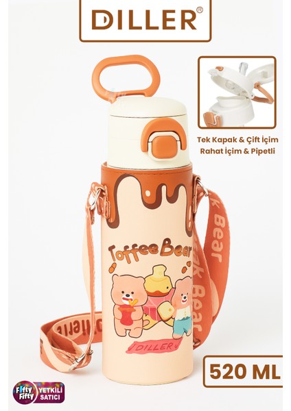 Dıller 520 ml Kılıflı Tek Kapak Çift Kullanım Pipetli/pipetsiz Taşıma El Askılı Vacum Cup/çelik Termos -D9260ML520