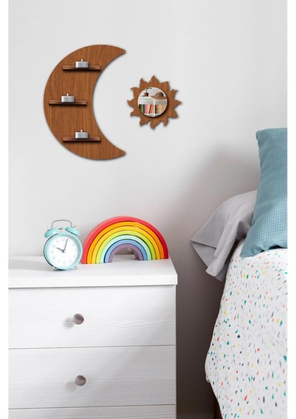 Güneş ve Ay Dekoratif Duvar Rafı Ceviz Renk