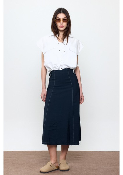 Lacivert Dikiş Detaylı Midi Etek