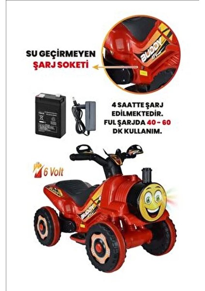Buddy Akülü ATV 6V Müzik ve Korna Özellikli 35 kg Taşıma Kapasitesi Kırmızı