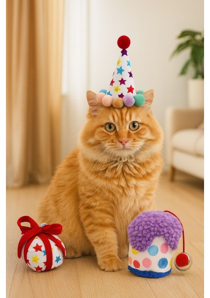 Kedi Parti Kutusu 3'lü Set | Parti Şapkası, Peluş Pasta, Peluş Hediye Kutusu fiyatları