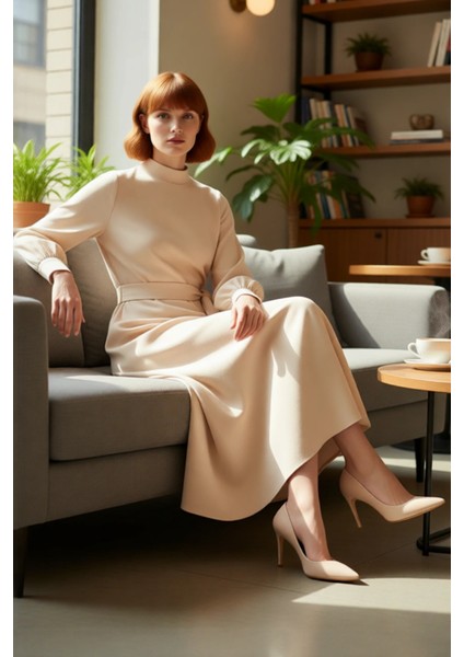 Kadın Dik Yaka Balon Kollu Kuşaklı Düz Dokuma A Kesim Maxi Elbise Rahatlığı Zarafetle Birleştiriyor fırsatları