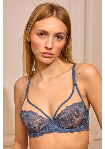 Monaco Petrol Mavisi Nakışlı Toparlayıcı Balenli Balkonet Transparan Sütyen